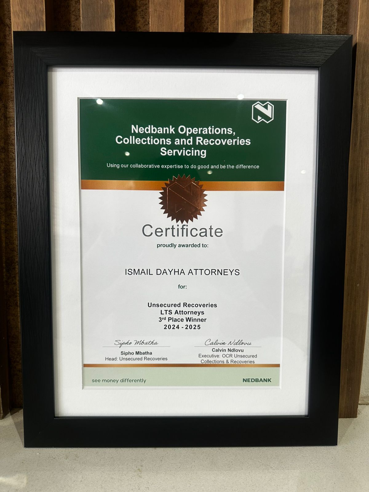 Nedbank Certificate 3rd Place 2024-2025