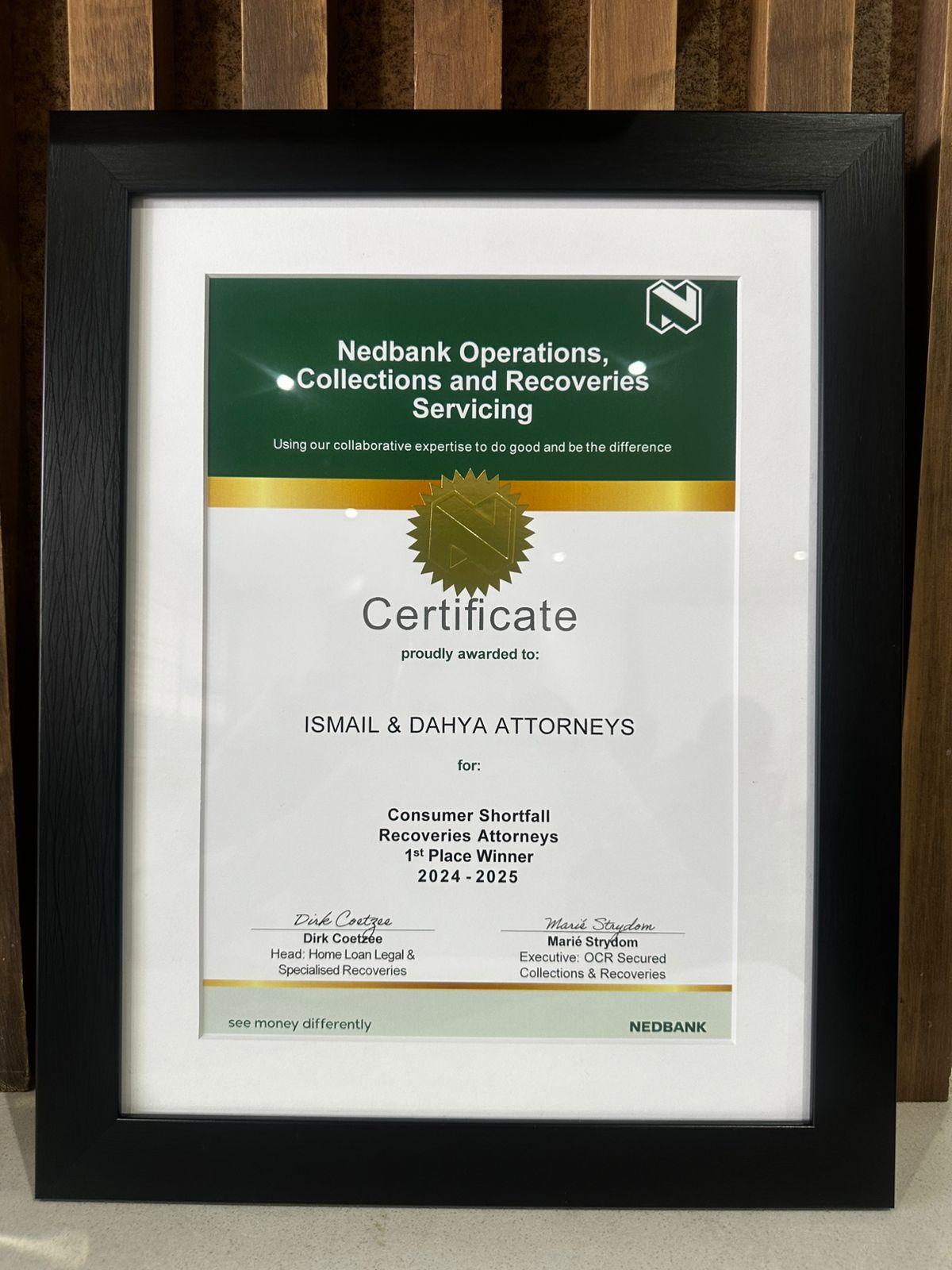 Nedbank Certificate 1st Place 2024-2025