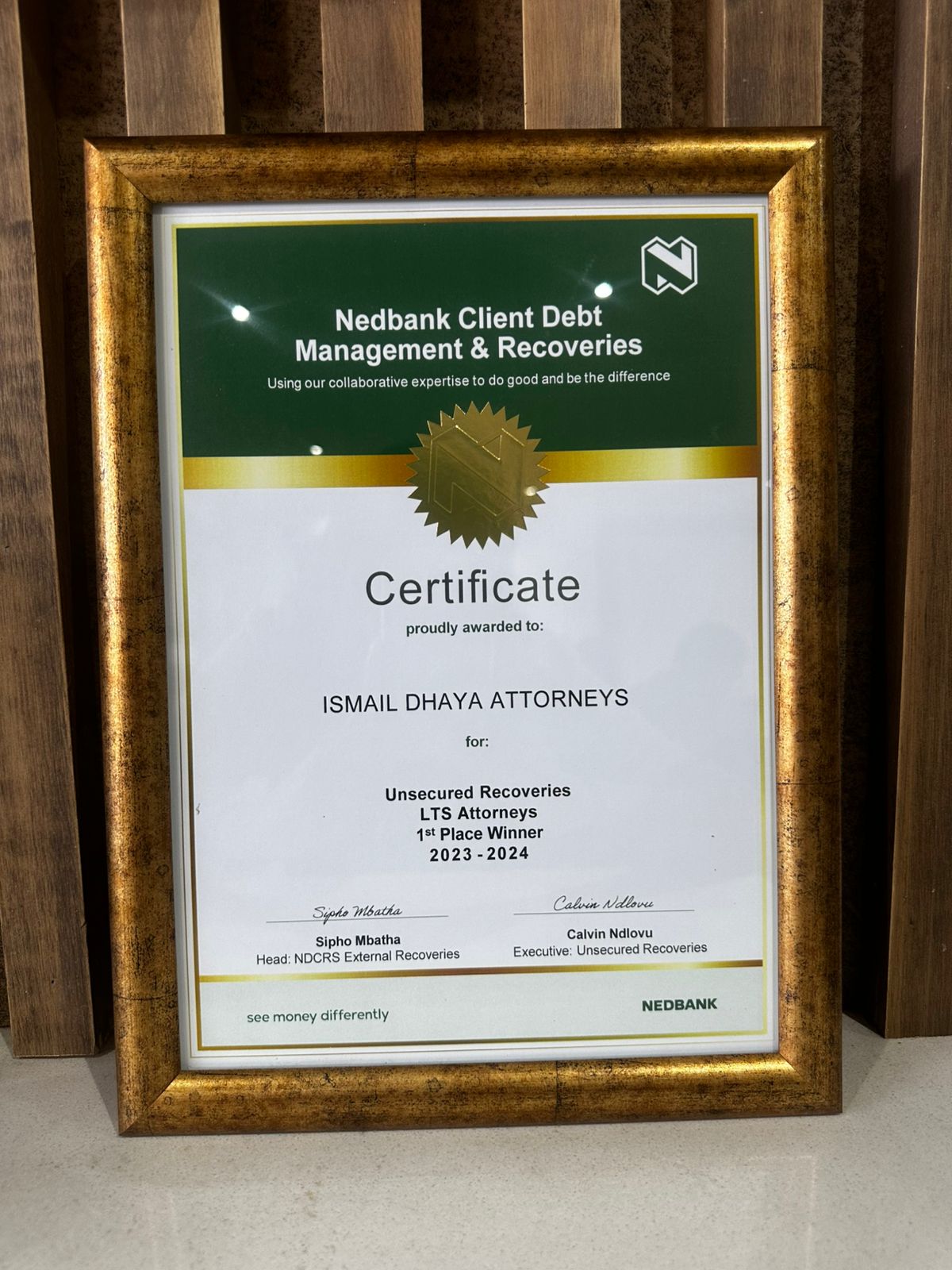 Nedbank Certificate 1st Place 2023-2024